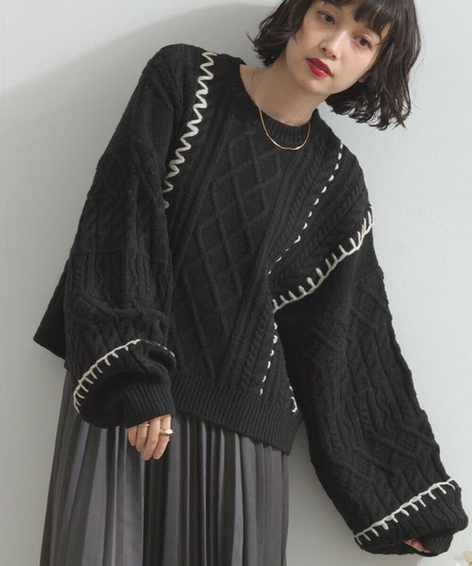 日本 ELENCARE DUE - 手工編織感柔美麻花紋理毛衣-黑