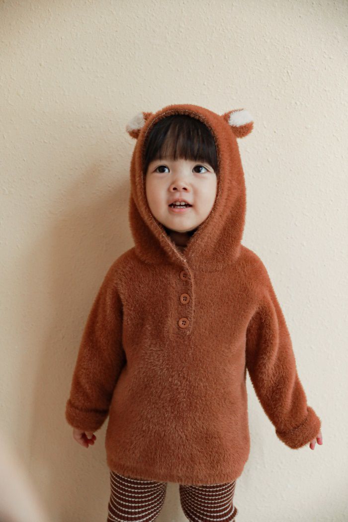 加厚連帽兒童造型上衣-熊耳朵-咖啡色