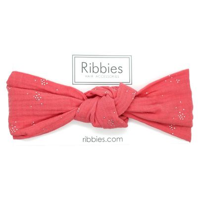 英國 Ribbies - 成人寬版扭結髮帶-珊瑚紅銀點點