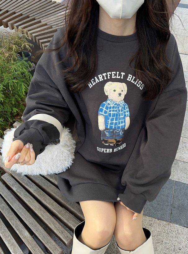 日本 GRL - 泰迪熊裏起毛長版休閒上衣-炭灰 (F)