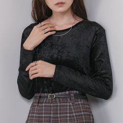 日本 Bab - 柔軟光澤時尚天鵝絨長袖上衣-黑