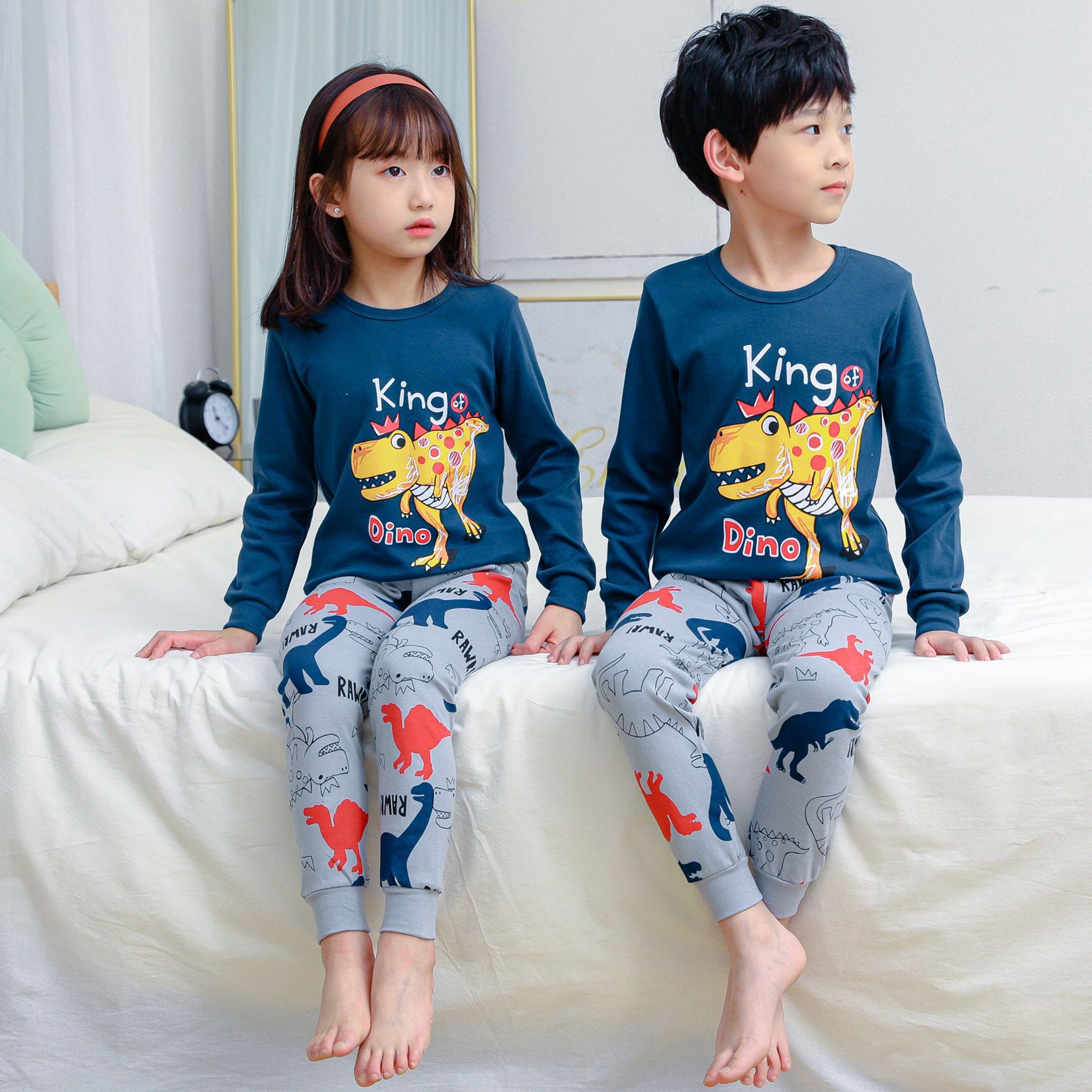 純棉兒童長袖家居服套裝-問號貓貓-橘紅+灰