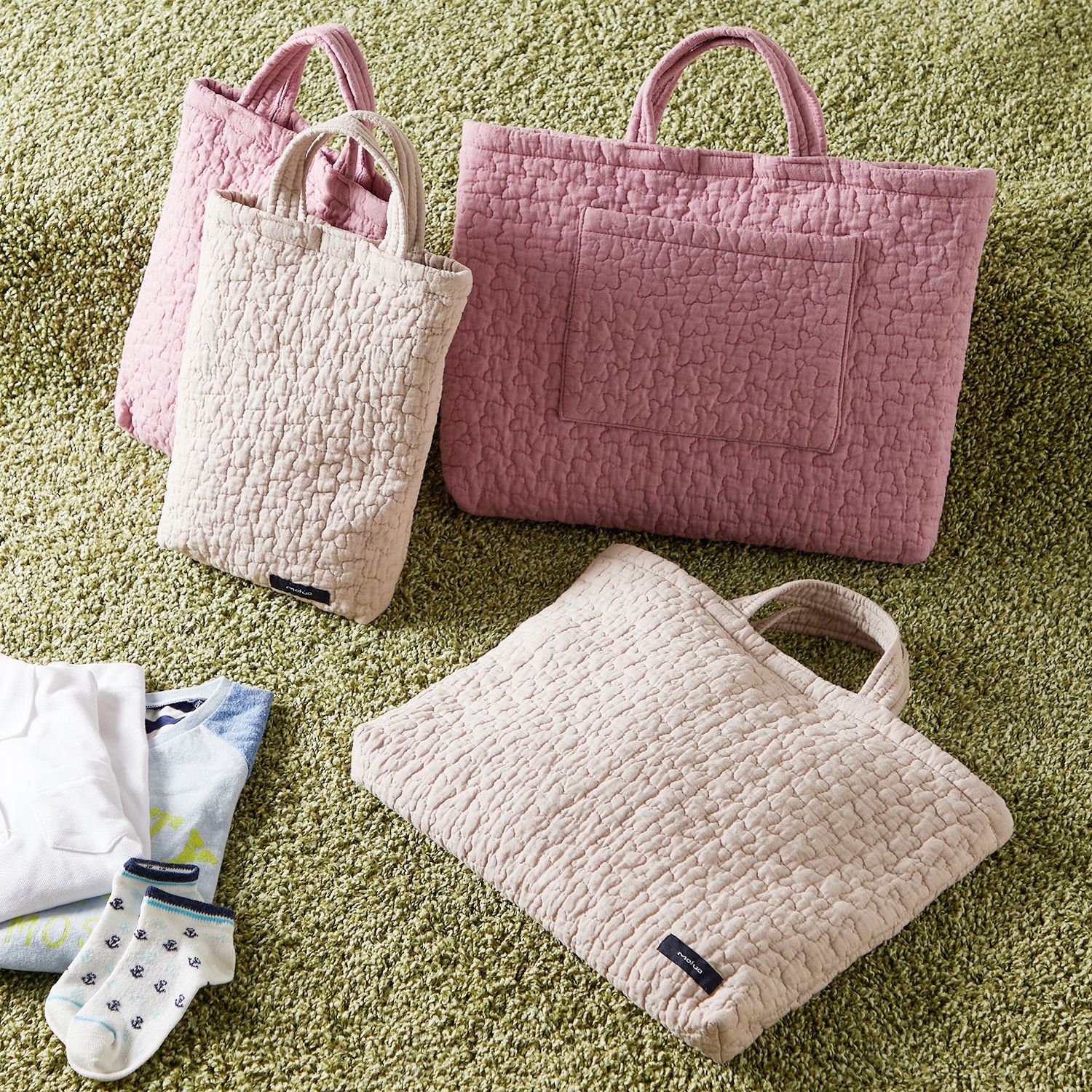 日本千趣會 - 純棉柔軟絎縫面料上學提袋2件組-淺褐