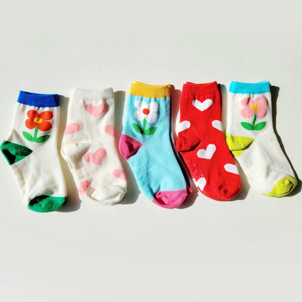 (五入組)韓製兒童中筒襪-花朵X愛心