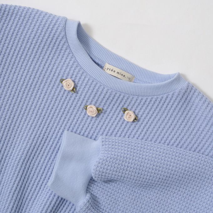 日本 Lycee mine - 華夫格領口小花束腰長袖上衣-淺藍