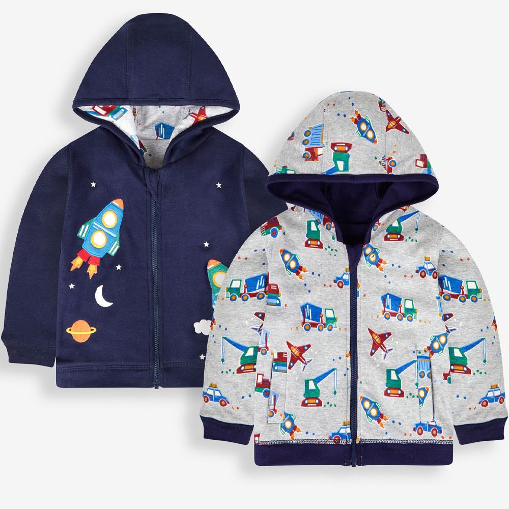 英國 JoJo Maman BeBe - 幼/兒童雙面穿100%純棉保暖連帽外套-遨遊太空