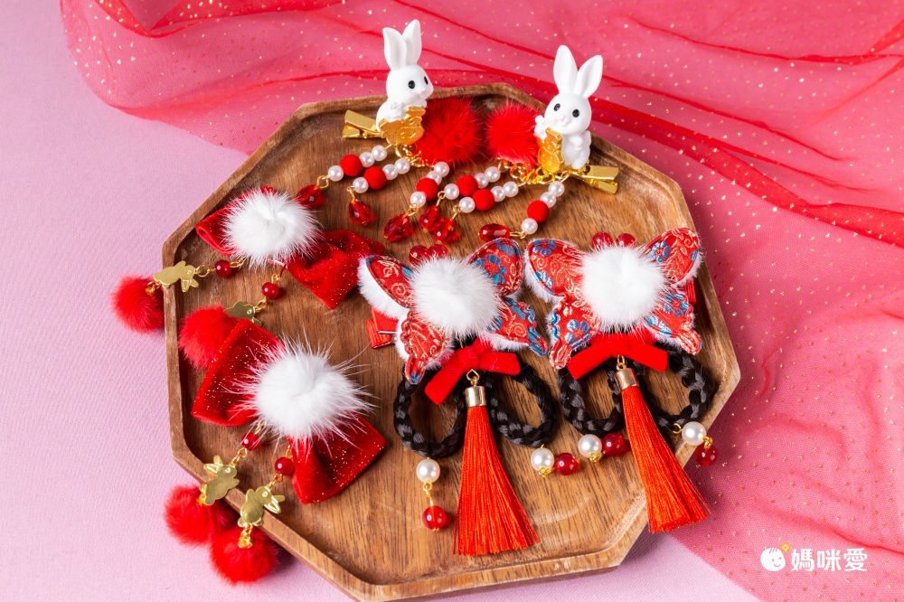 兔年喜氣洋洋拜年兒童髮飾-蝴蝶結+小金兔-紅色