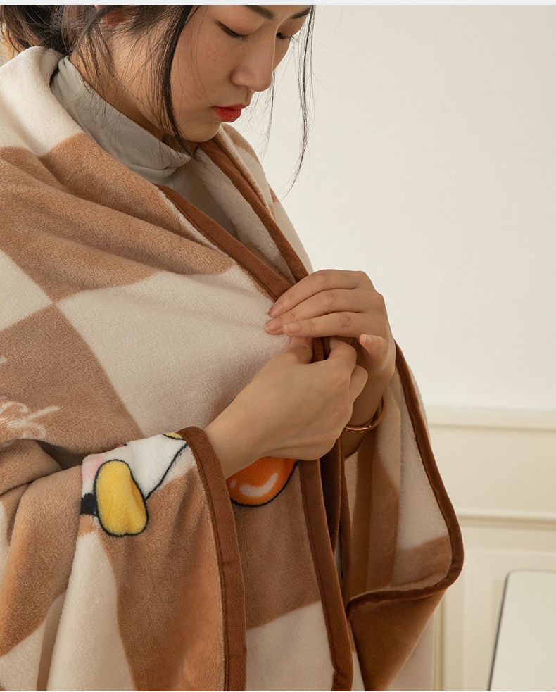 兒童保暖法蘭絨披肩懶人毯-英文字熊熊-米白色 (100x140cm)