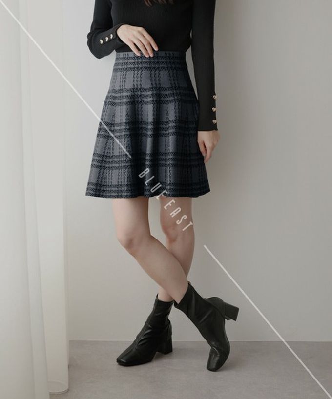 日本 BLUE EAST - 甜心格紋針織迷你短裙-深棕黑