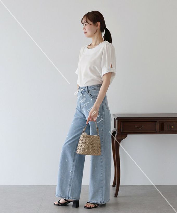 日本 BLUE EAST - 珍珠袖扣亞麻感氣質短袖上衣-白 (M)