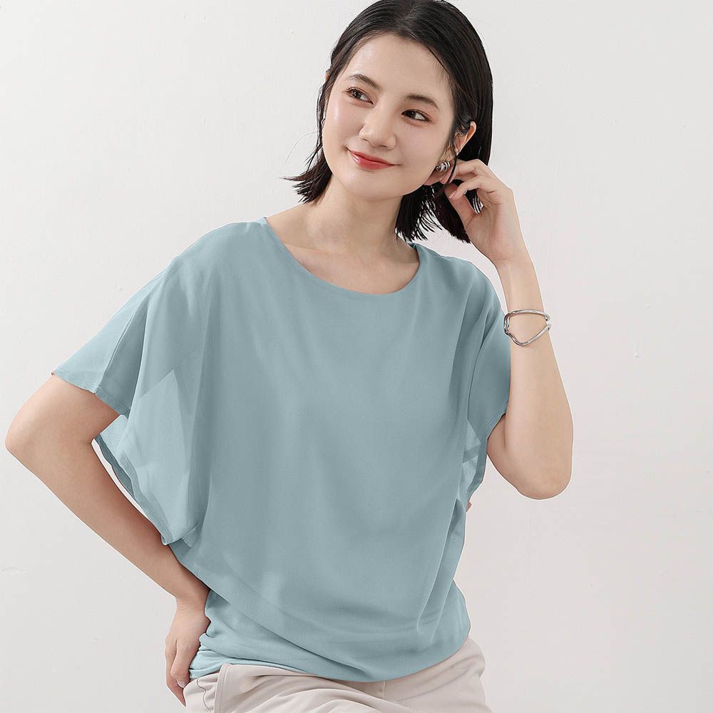 氣質雪紡透膚荷葉袖上衣-霧霾藍