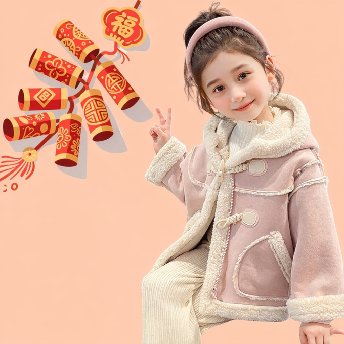 love, charlotte - 冬季保暖仿麂皮雙面布料拉鍊連帽式外套 - 粉色