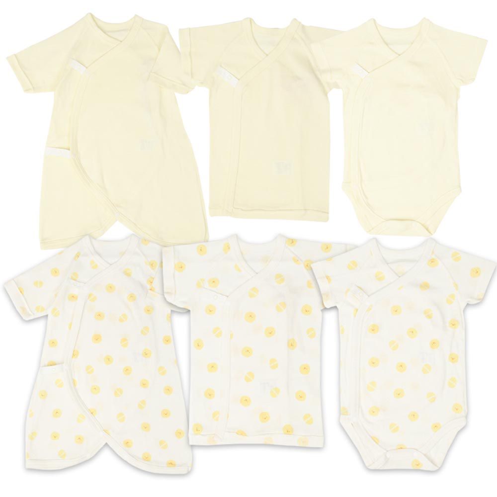 akachan honpo - 新生兒內衣6件組-短袖&7分袖 按扣款-黃色