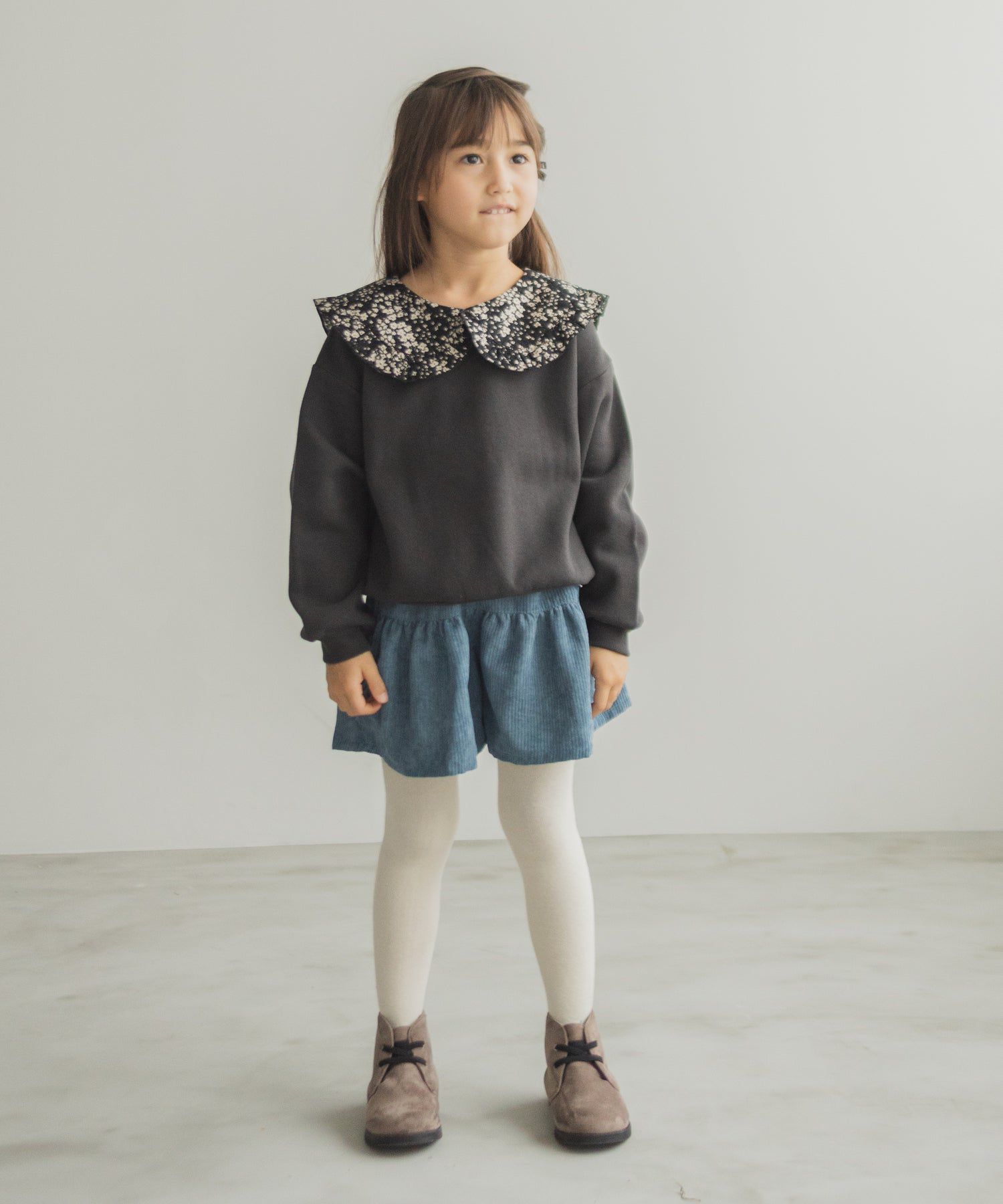 日本 PAIRMANON - 歐風翻領刷毛長袖上衣-碎花領-煙燻粉