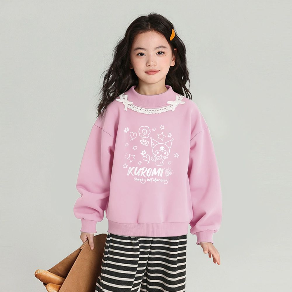 加絨蕾絲花邊領長袖上衣/大學T-卡通人物酷洛米-粉色