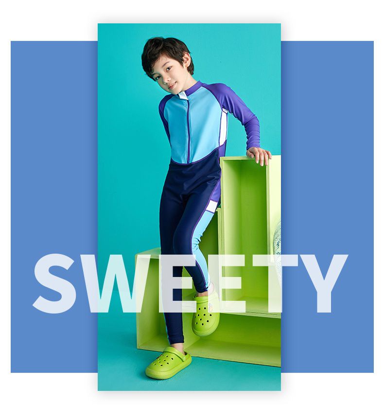 男寶運動風拼色連身長袖泳衣-深藍+淺藍+紫