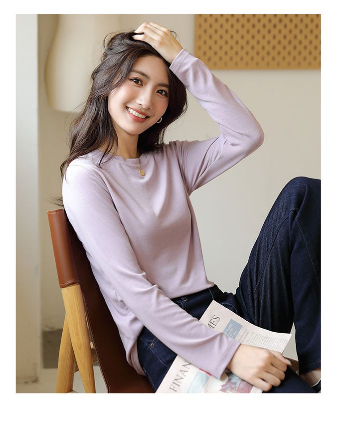 圓領寬鬆素色長袖上衣-紫色 (F)