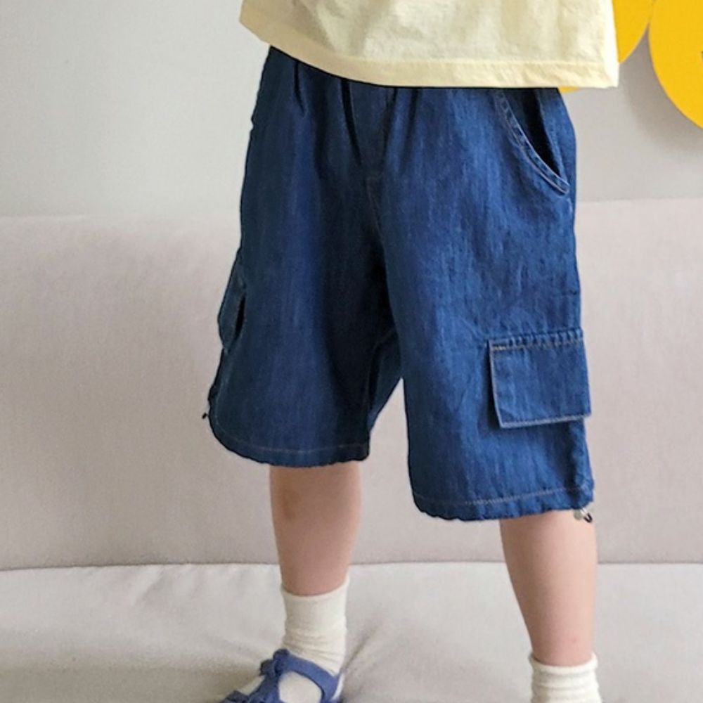 韓國 Peanuts House - 鬆緊腰裝飾口袋短褲-深藍