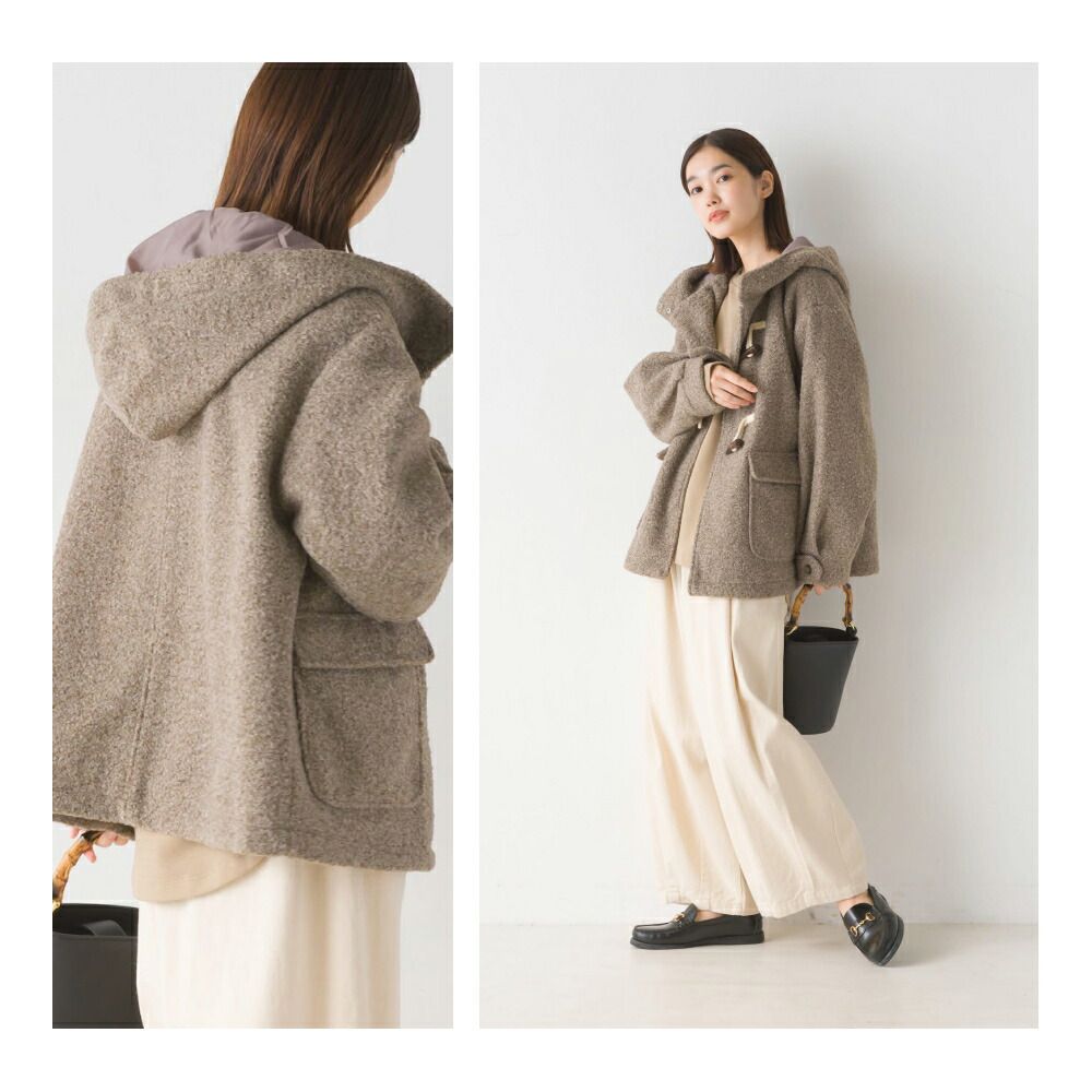 日本 OMNES - 文藝感牛角扣短版連帽大衣-米杏