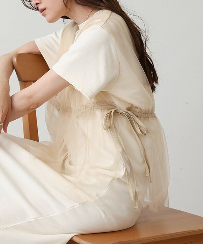 日本 Bab - 層次設計感薄紗拼接短袖洋裝-黑