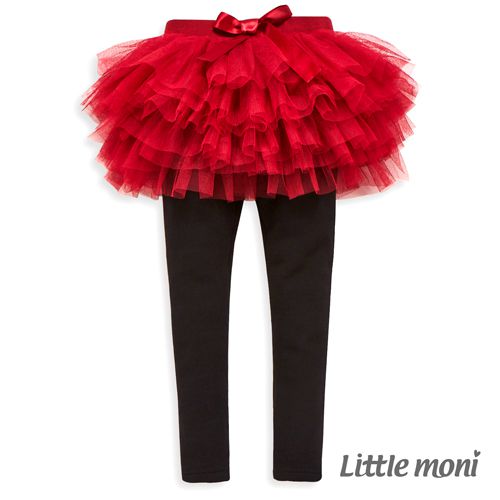 麗嬰房 Little moni - 假兩件網紗蓬裙褲-紅色