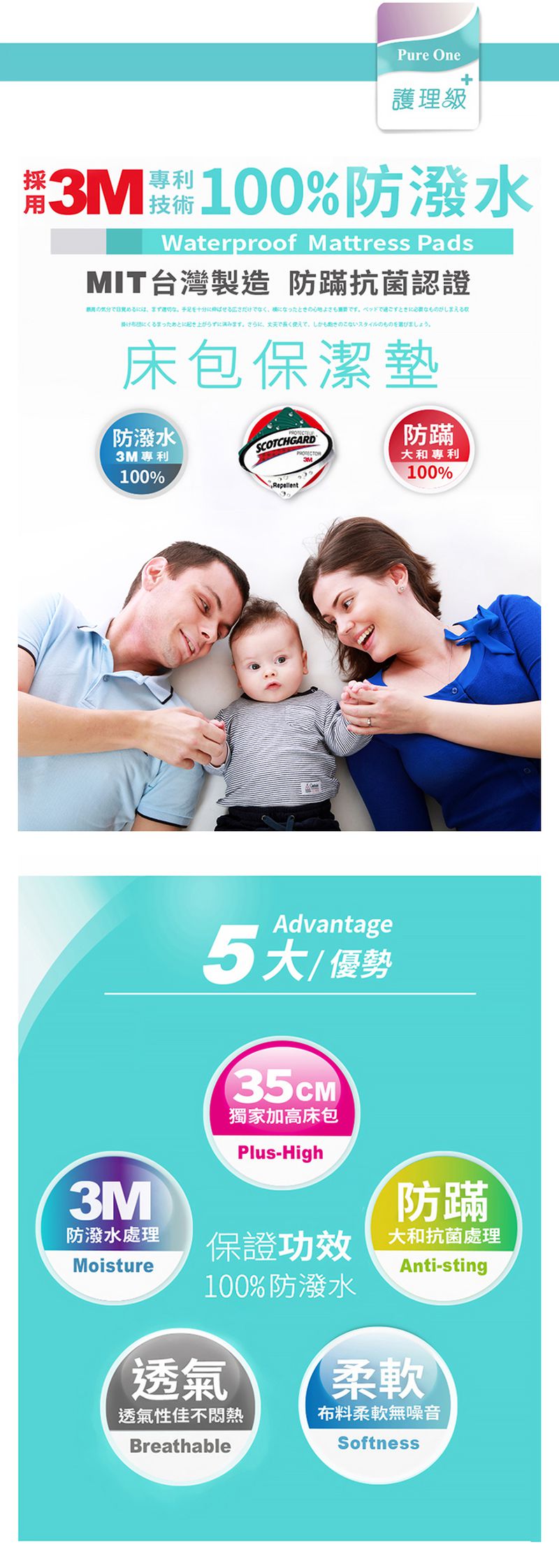 Pure One - 採用3M防潑水技術 床包式保潔墊-翡翠藍-保潔墊枕套