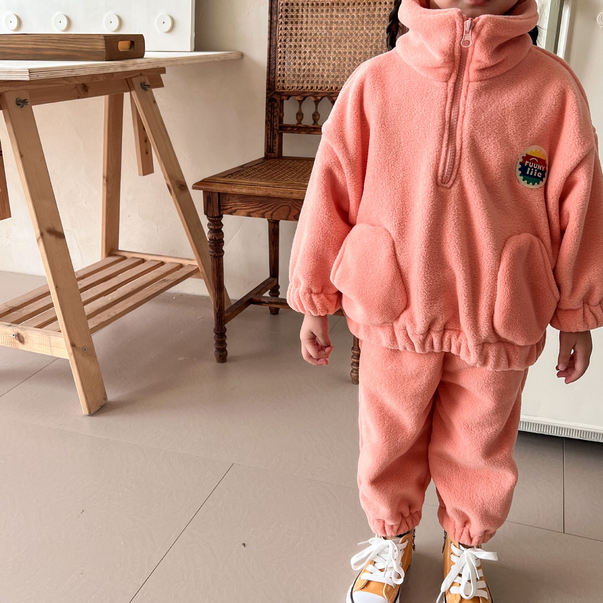 搖粒絨拉鍊休閒套裝-粉橘色