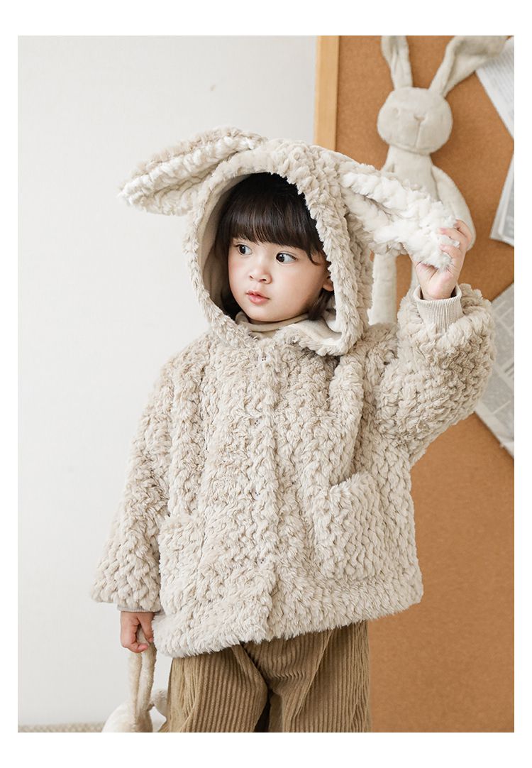 TONGMO - 立體造型毛絨保暖連帽外套-兔耳朵-粉色