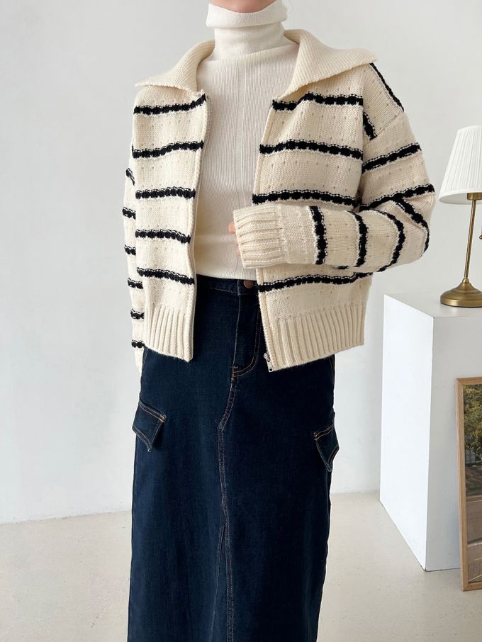 韓國女裝連線 - 勾線條紋針織翻領外套-黑底X米白 (FREE)