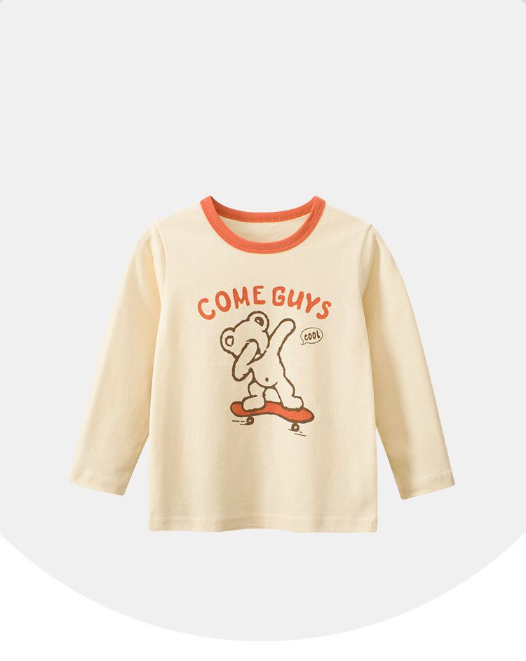 純棉圓領薄長袖上衣-cool熊熊-杏色