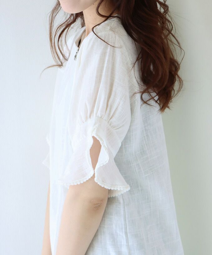 日本 BLUE EAST - 棉麻透氣涼爽短袖上衣-米杏