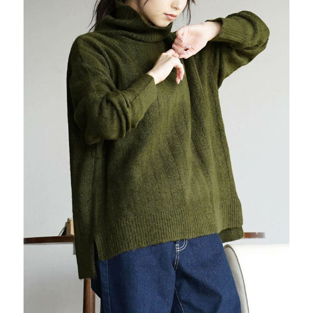 日本 zootie - 立體粗羅紋高領柔軟毛衣-綠