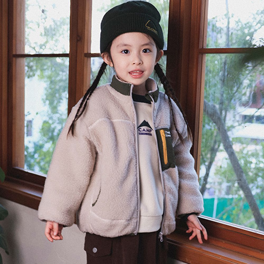 羊羔絨感拼色小立領外套-杏色