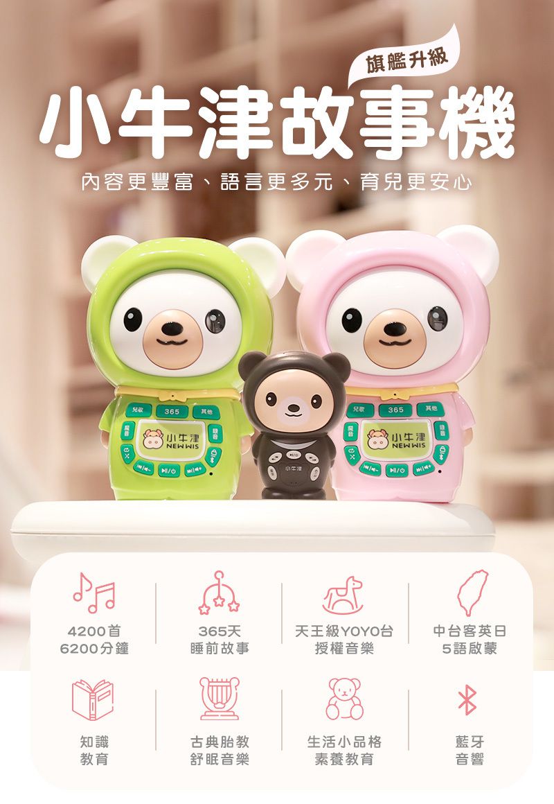小牛津 - 365帽T熊故事機+帽Q小黑熊故事機>>2022最強新生兒禮物彌月禮-365帽T熊-櫻花粉*1, 帽Q小黑熊*1, 時尚帆布袋*1, 小黑熊可愛束口袋*1, 獨家造型恐龍防摔衣*1, 歌詞本, 目錄本*3, GK爸爸故事小冊*1, 遙控器*1, USB充電線*2