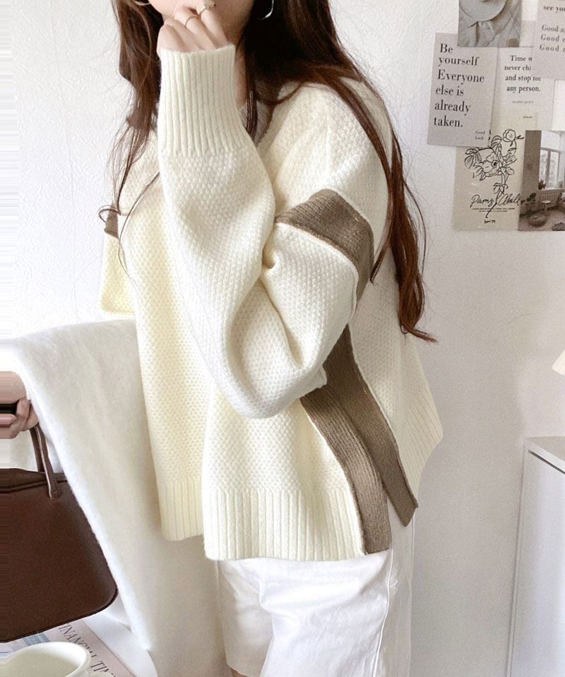 日本 Classical Elf - 撞色拼接寬鬆落肩毛衣-黑x杏