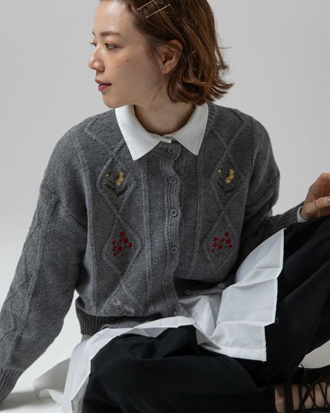 日本 gleam - 文藝風小花刺繡立體針織開襟衫-黑