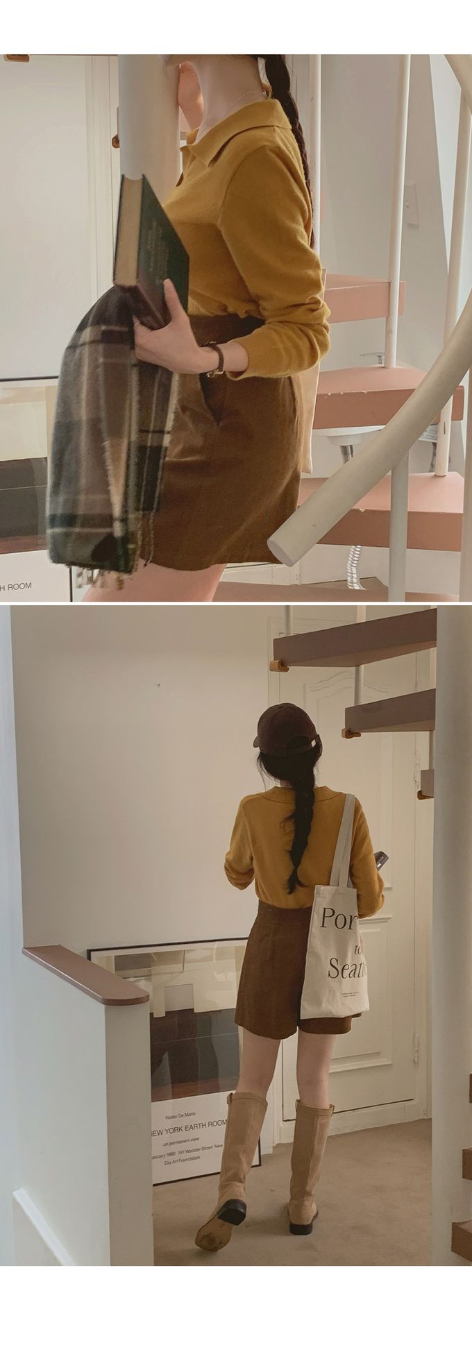 韓國女裝代購 - 小V翻領混羊毛長袖針織上衣-燕麥 (FREE)