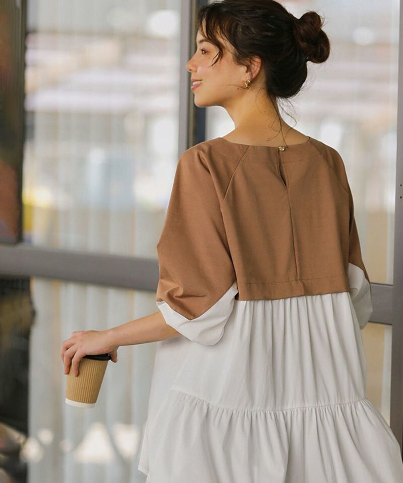 日本 Bou Jeloud - 前短後長異材質拼接七分袖上衣-杏白