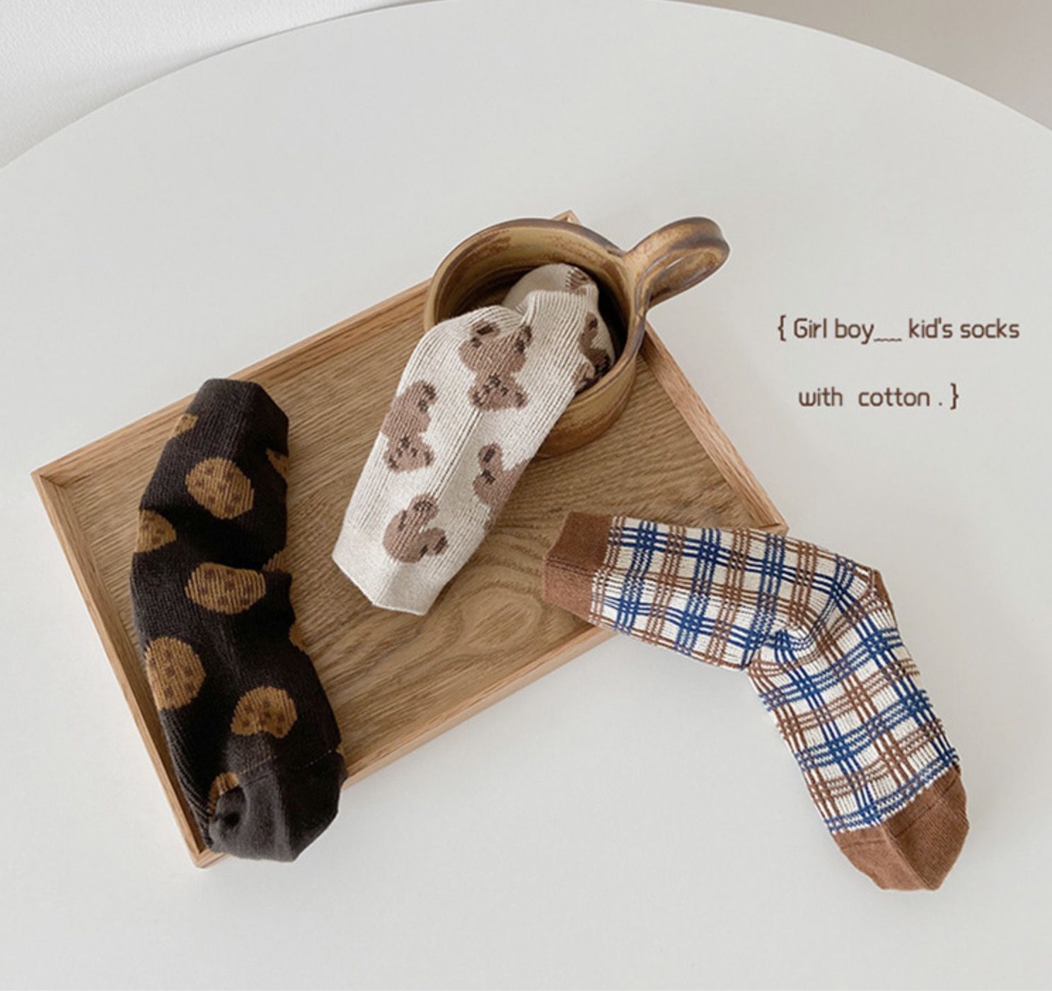 love, charlotte - 小熊與餅乾精梳棉中筒襪-3 雙一組