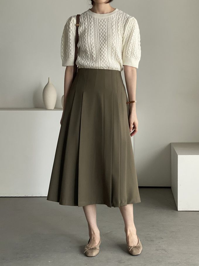 韓國女裝連線 - 麻花辮編織五分袖針織上衣-米白 (FREE)