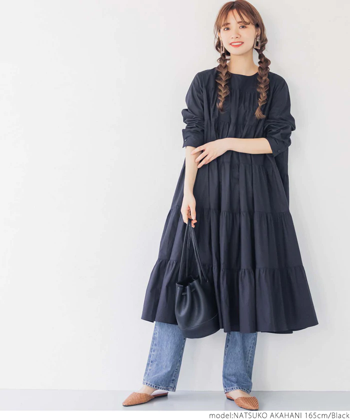 日本 COCA - 純棉氣質超寬鬆A字蛋糕層次長袖洋裝-紫