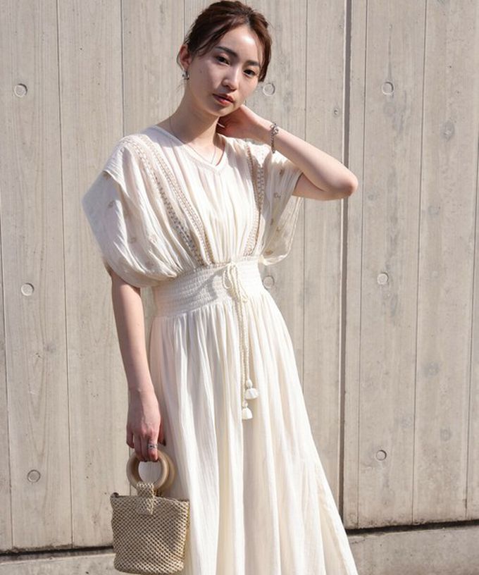 日本 Bab - 100%印度棉 素雅刺繡收腰短袖洋裝-薄荷綠