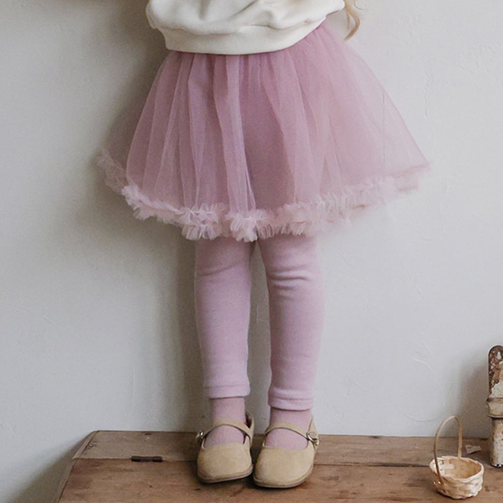 Puellaflo (內磨毛)鬆緊腰緞帶蝴蝶結網紗裙內搭褲-藕粉