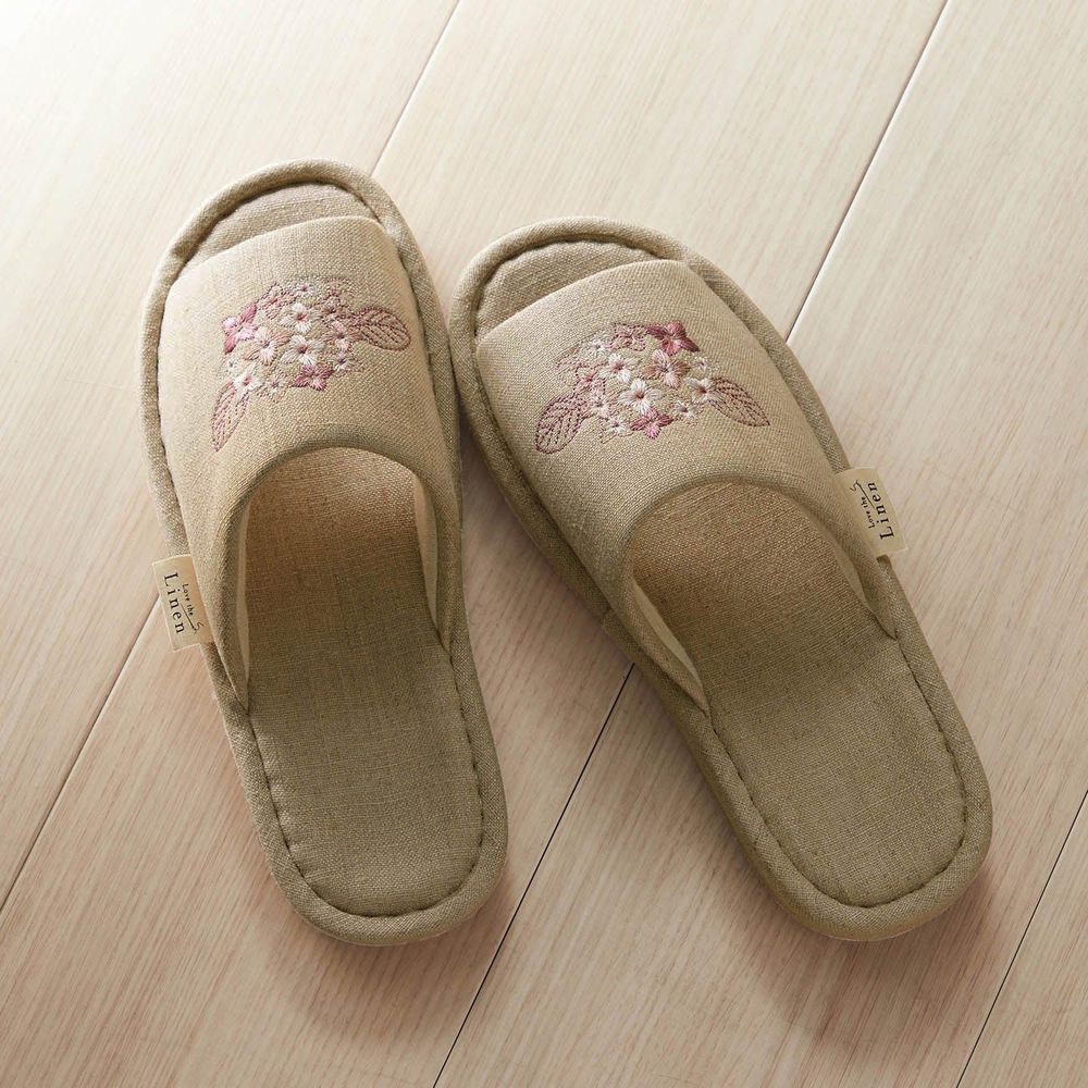 日本千趣會 - 麻料材質刺繡室內拖鞋-杏 (23-25cm)