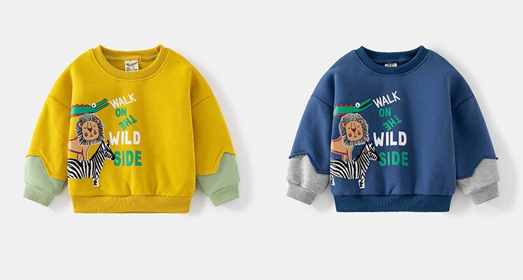 WELLKIDS - 加絨拼色圓領長袖上衣-動物散步-黃+綠