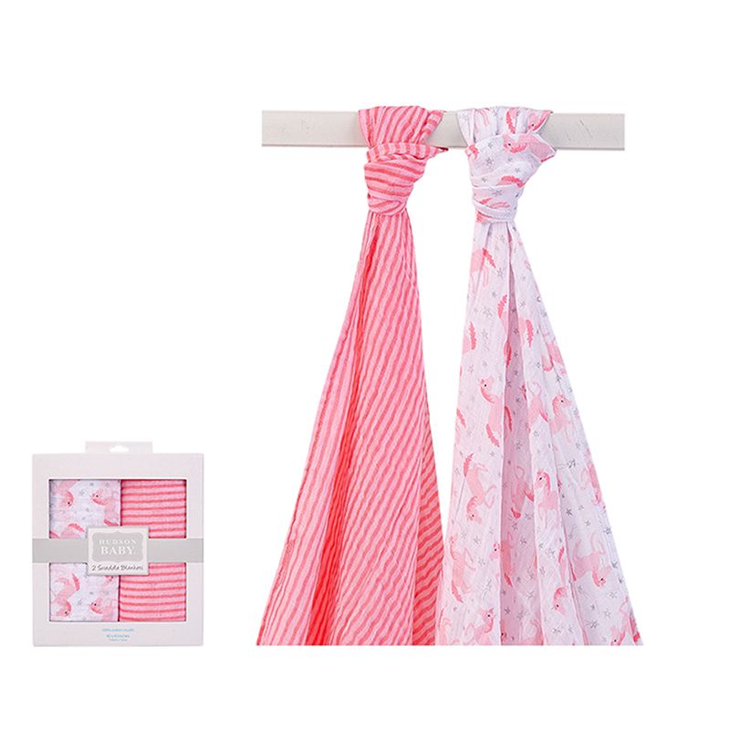 美國 Luvable Friends - 甜蜜寶貝多用途嬰兒棉紗包巾2入禮盒組-甜美粉獨角獸