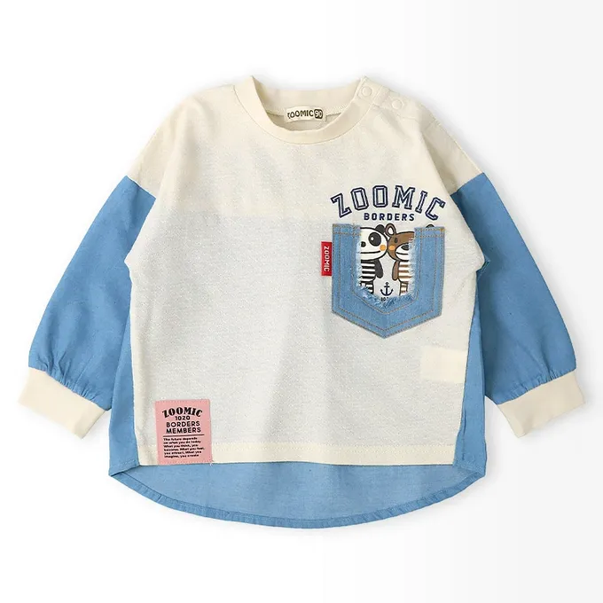 日本 ZOOLAND - 丹寧風小熊長袖上衣-帥氣刷破口袋-海軍藍