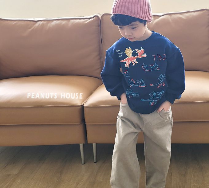 韓國 Peanuts House - (內磨毛)手繪噴火龍長袖上衣-深藍