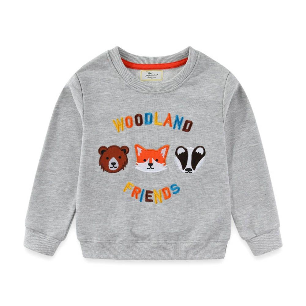 圓領棉質長袖上衣/大學T-森林好友-灰色