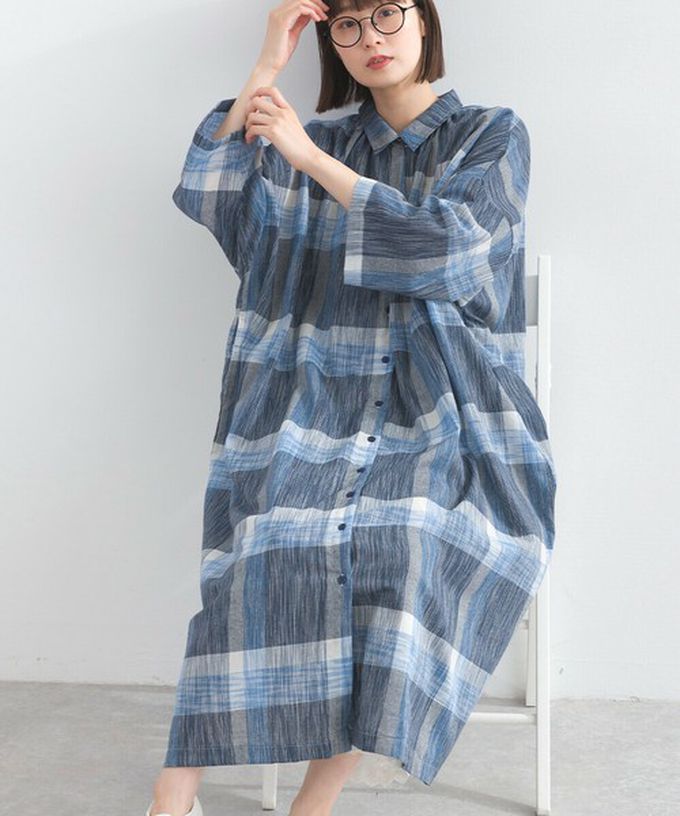 日本 Lupilien - 休閒率性格紋七分袖襯衫洋裝-藍系